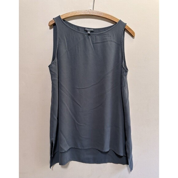 Eileen Fisher 100% Silk Gray Georgette Crepe Ballet Neck Long Tank Petite Large - Picture 3 of 9